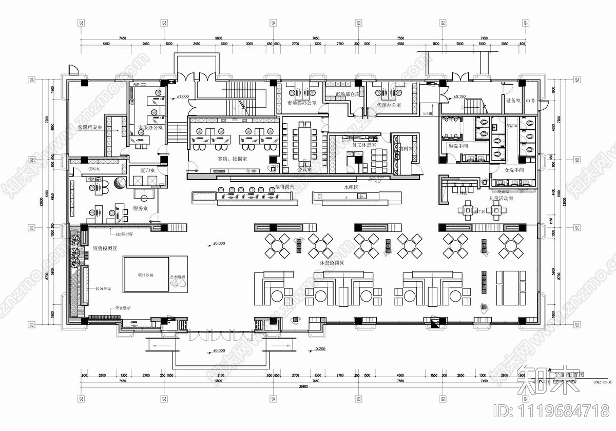 950㎡售楼处销售中心CAD施工图施工图下载【ID:1119684718】