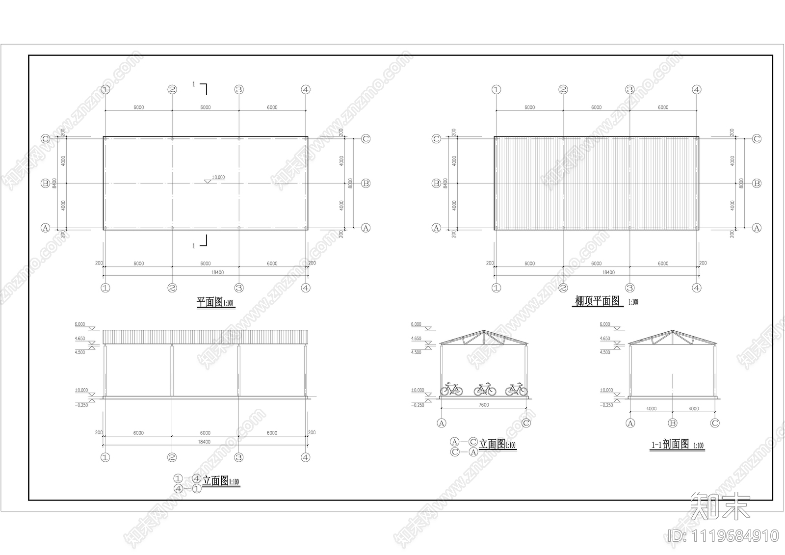 多排自行车棚结构施工图cad施工图下载【ID:1119684910】