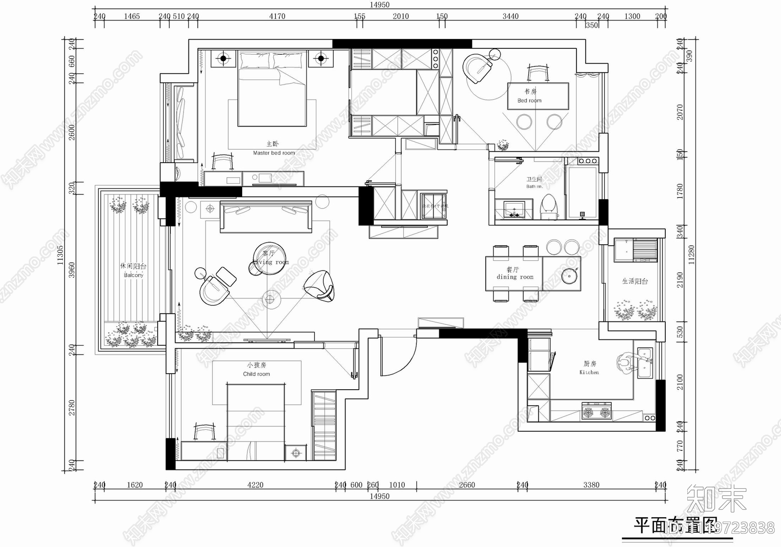 130㎡三居室家装平层空间设计CAD施工图施工图下载【ID:1119723838】