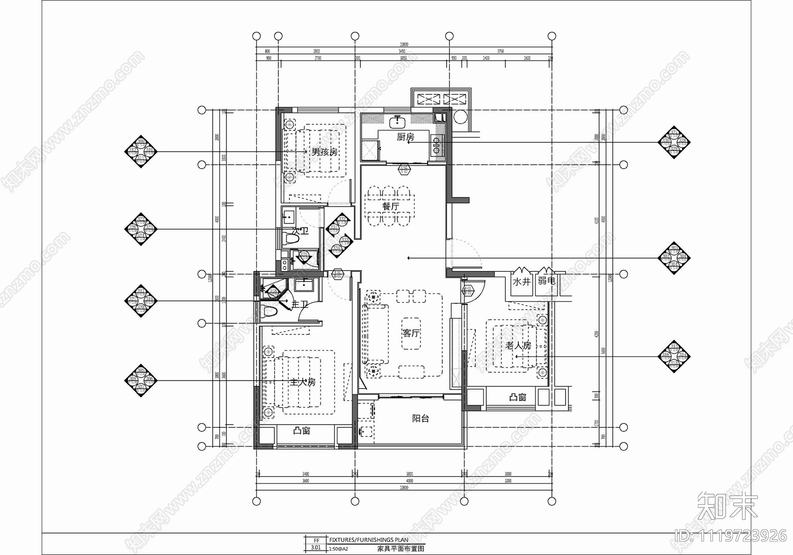 110㎡三居室家装样板房CAD施工图施工图下载【ID:1119723926】