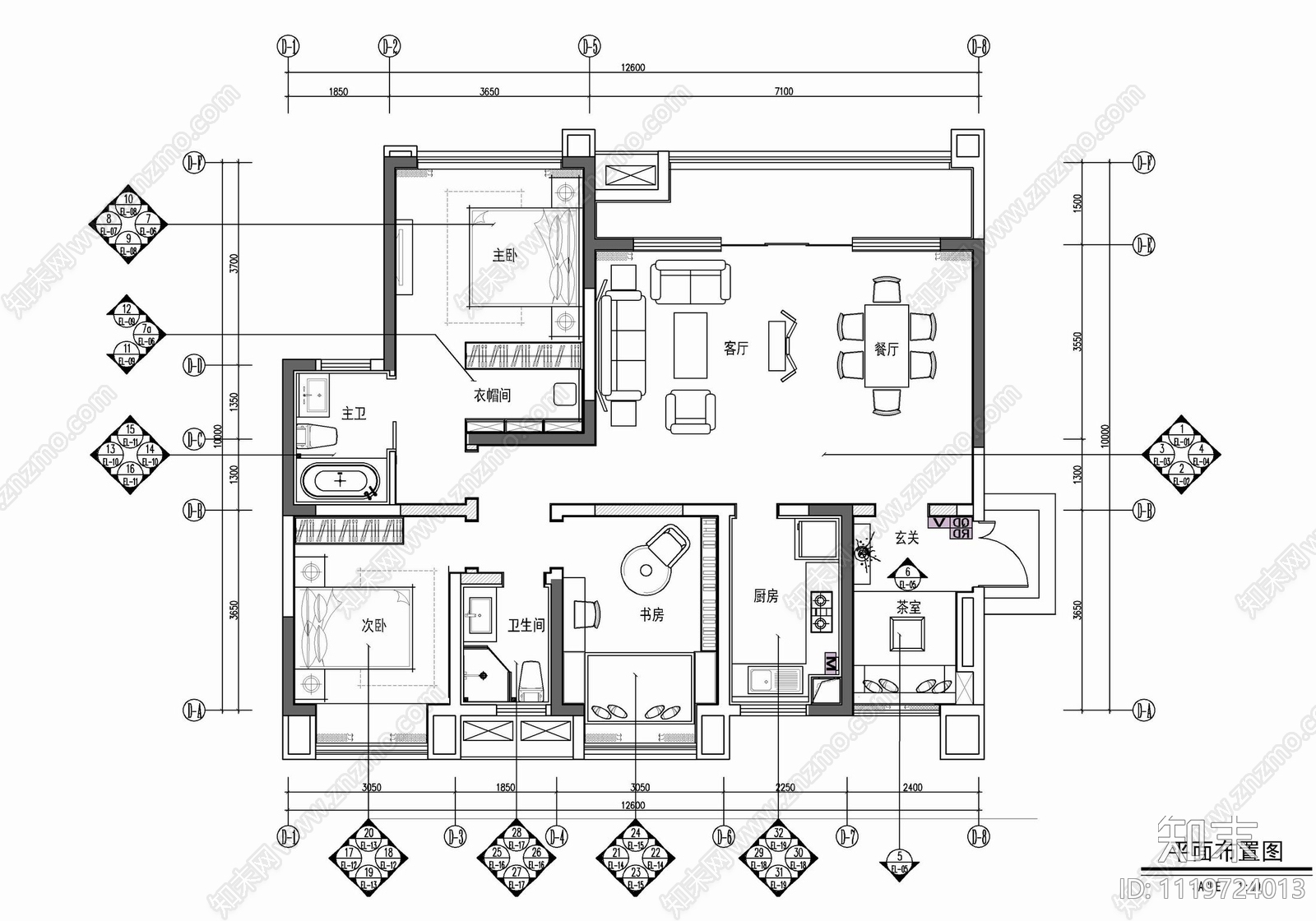 130㎡三居室家装样板房CAD平立面施工图施工图下载【ID:1119724013】