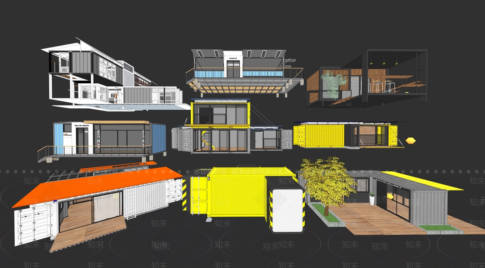 现代集装箱景观建筑SU模型下载【ID:1119772324】_知末su模型网