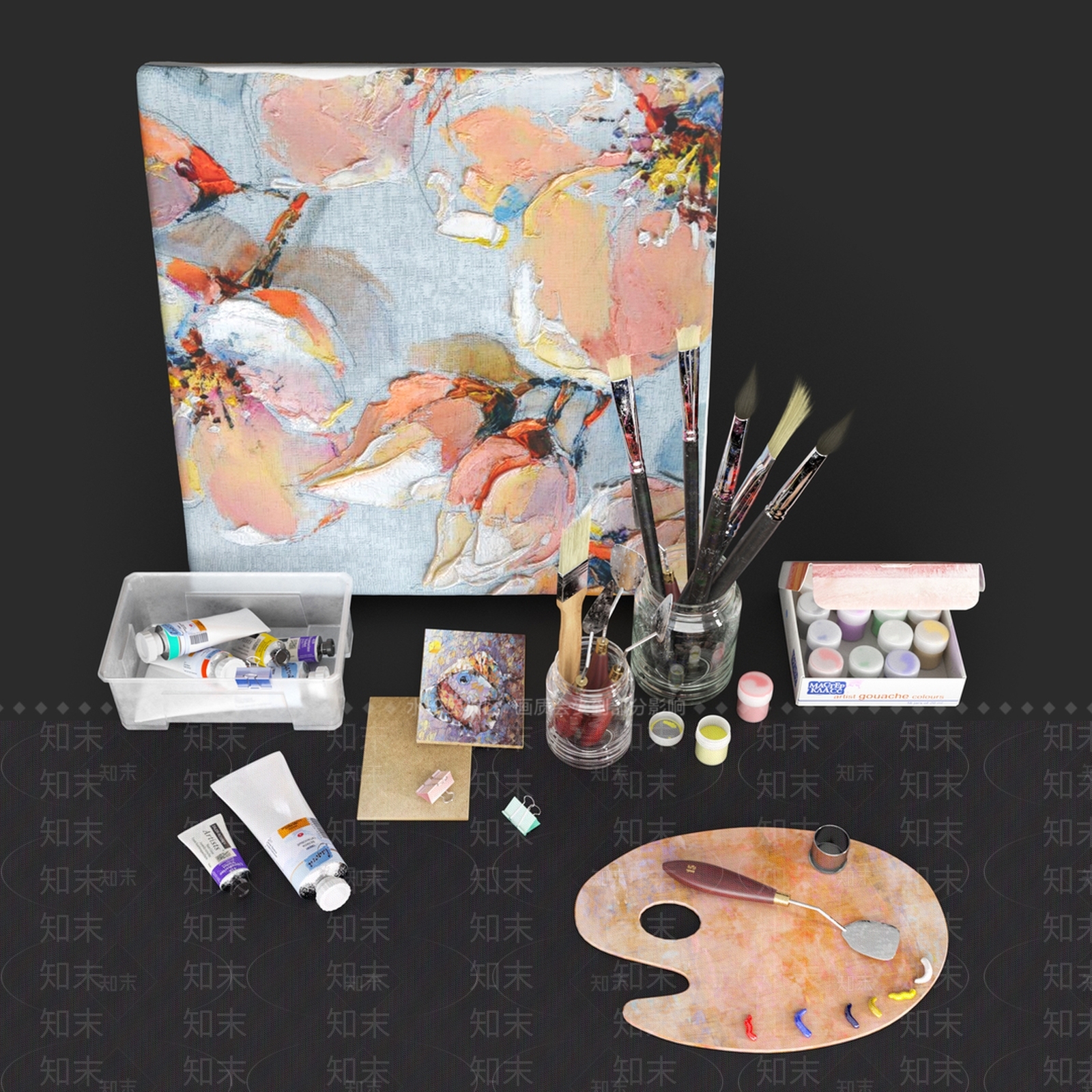 现代美术绘画用品3D模型下载【ID:1119775606】