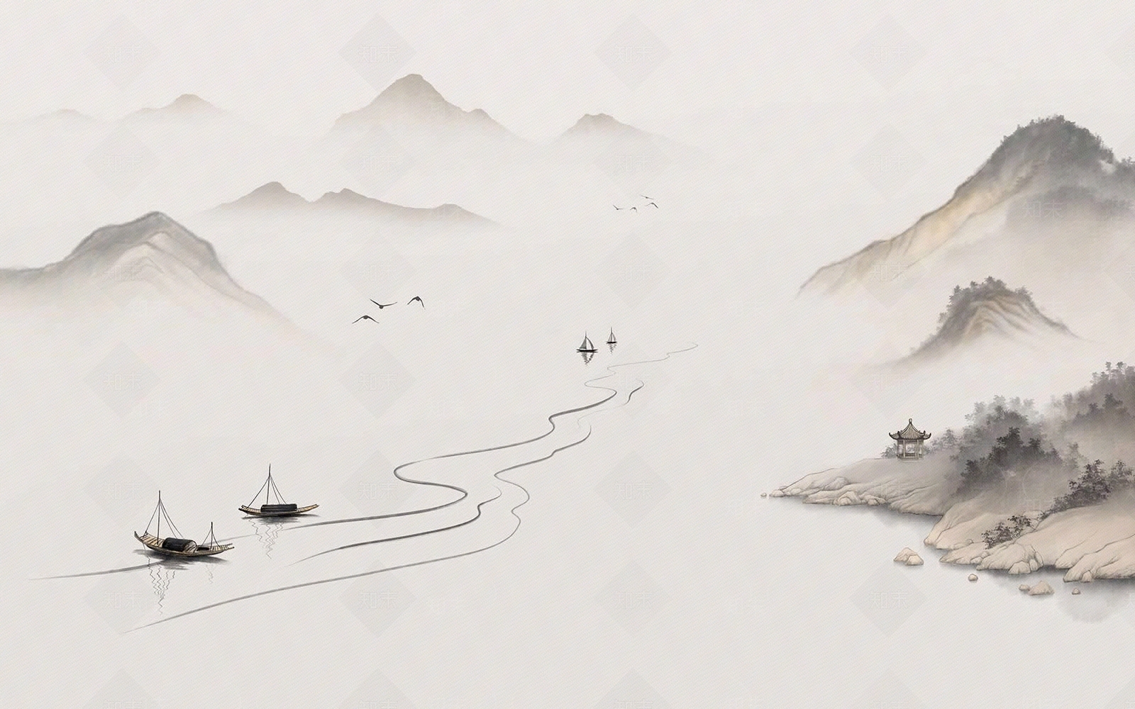 新中式山水壁纸壁画贴图下载【ID:1119793923】