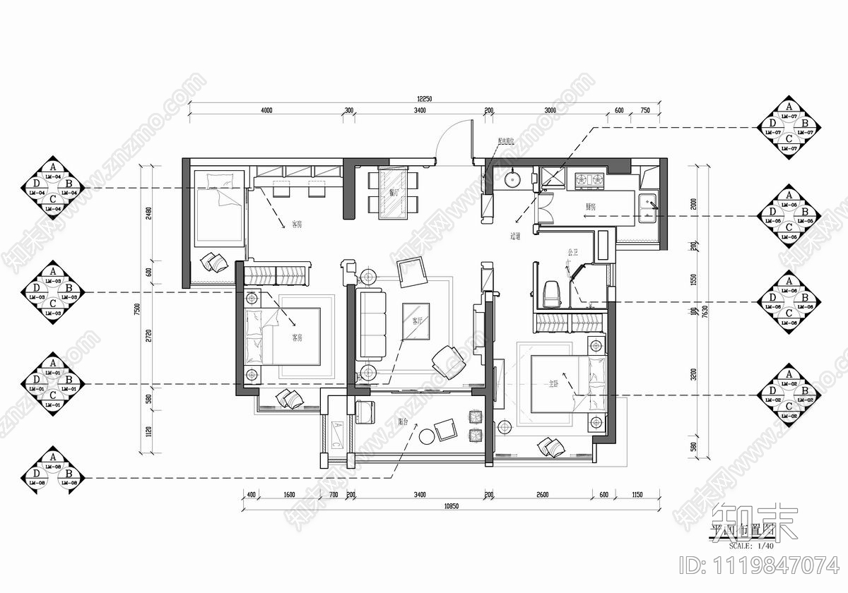 90㎡家装样板房CAD施工图施工图下载【ID:1119847074】