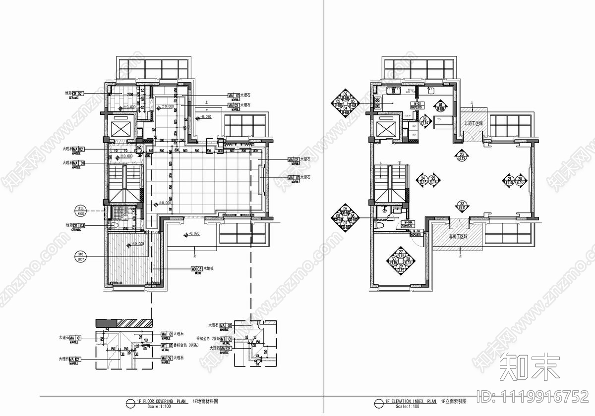 三层别墅样板间CAD施工图cad施工图下载【ID:1119916752】