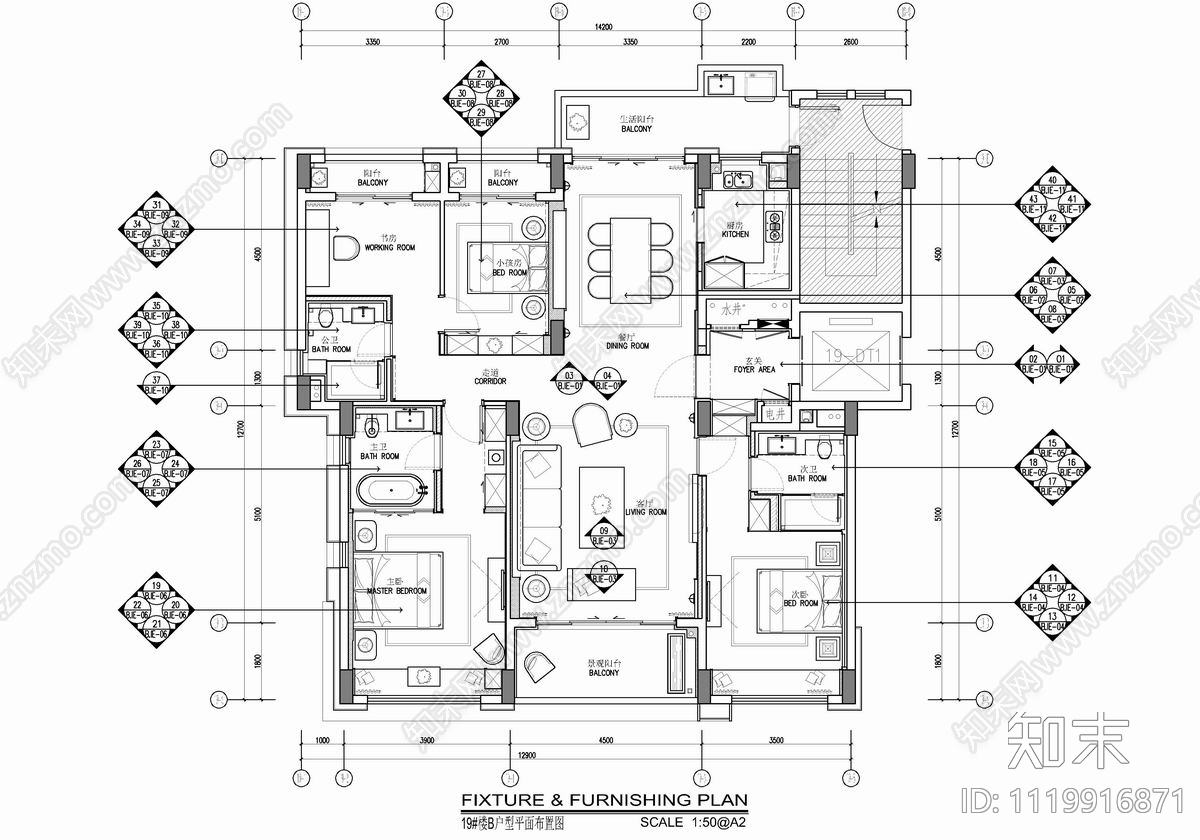 160㎡家装大平层CAD施工图cad施工图下载【ID:1119916871】