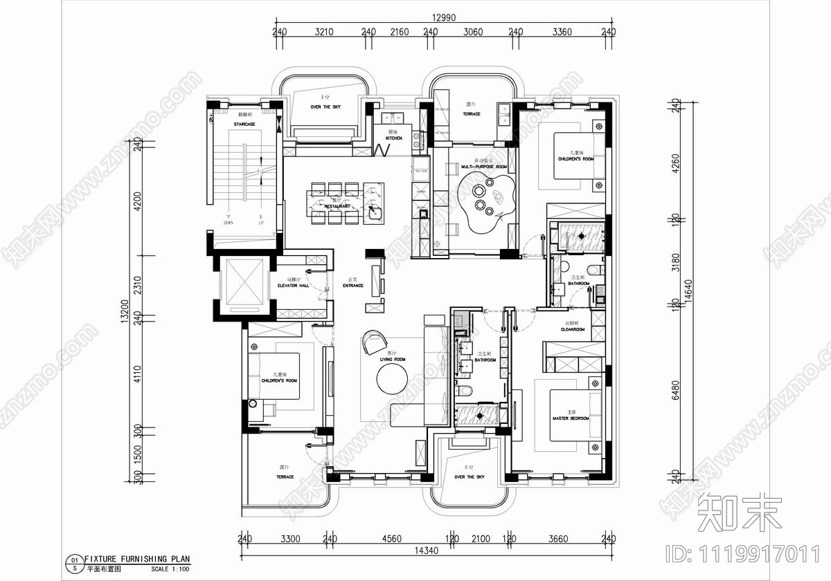 230㎡现代简约大平层CAD彩平图施工图施工图下载【ID:1119917011】