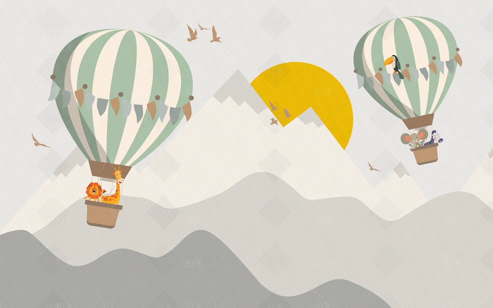 热气球卡通儿童壁画贴图下载【ID:1119949390】