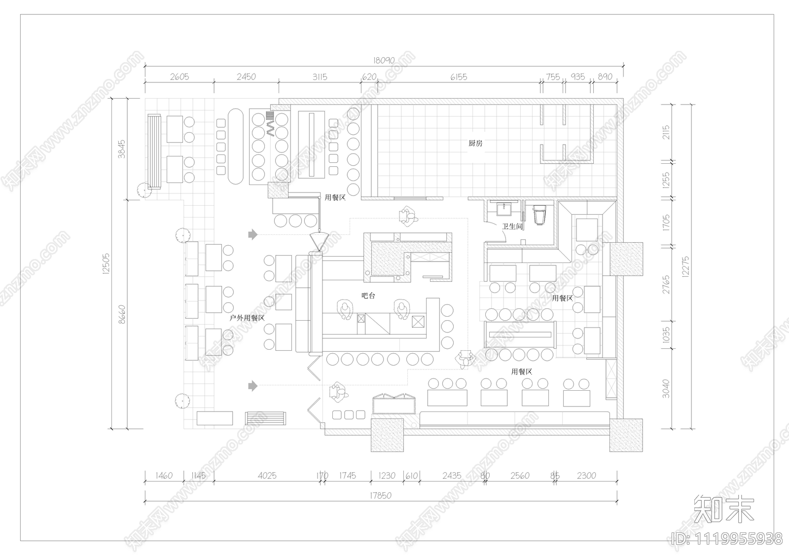 日式居酒屋CAD平面布置图施工图cad施工图下载【ID:1119955938】