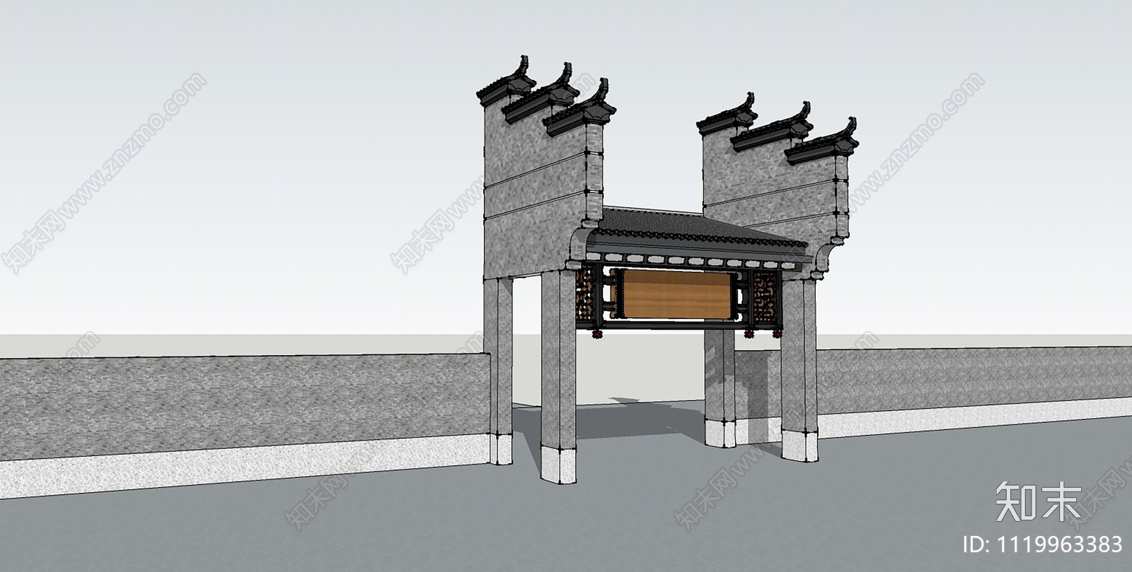 新中式公园入口大门SU模型下载【ID:1119963383】