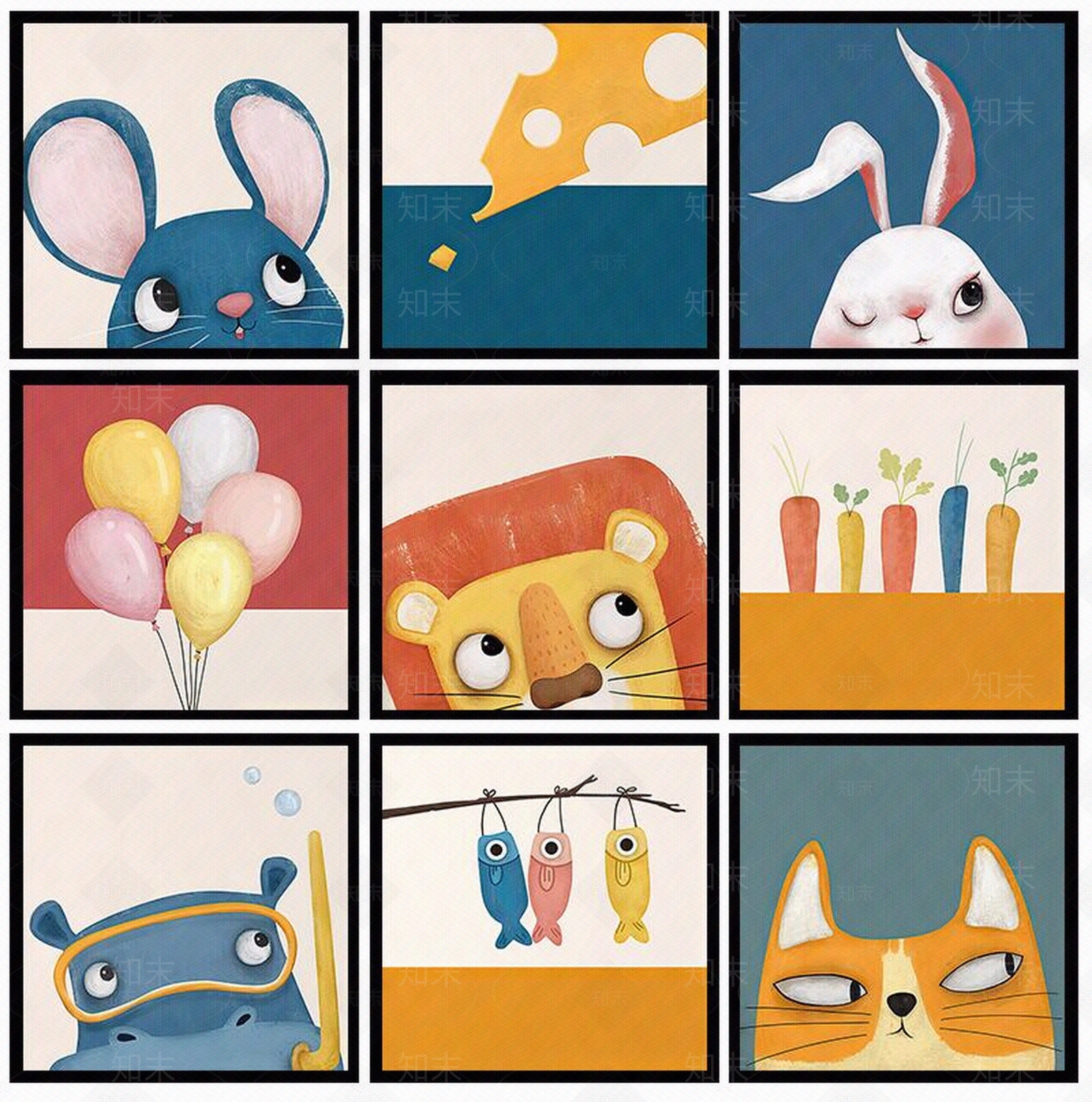 卡通动物挂画萌宠儿童房装饰画贴图下载【ID:1119988588】