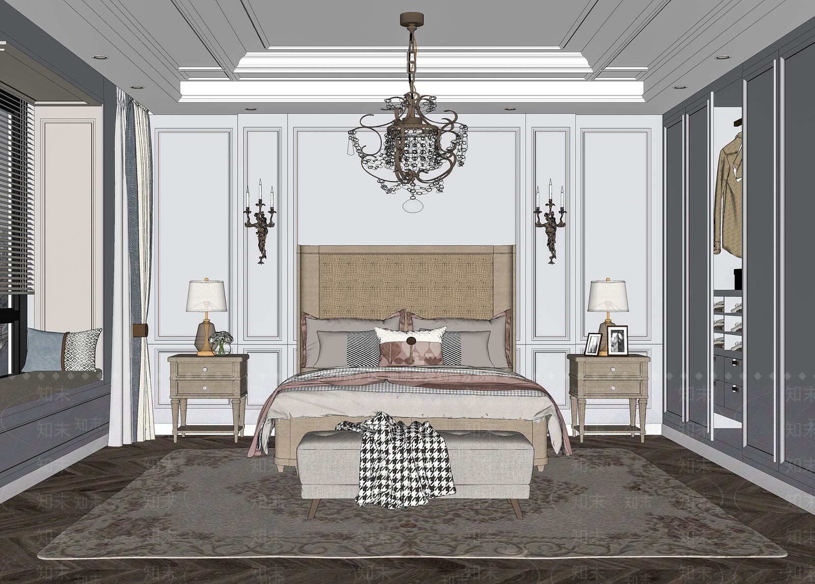 美式家居卧室SU模型下载【ID:1120016204】_知末su模型网
