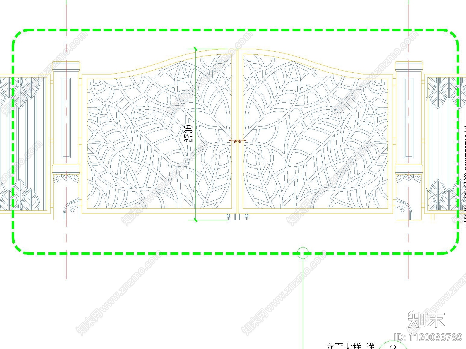 叶片造型矩形拱形铁艺门施工图cad施工图下载【ID:1120033789】