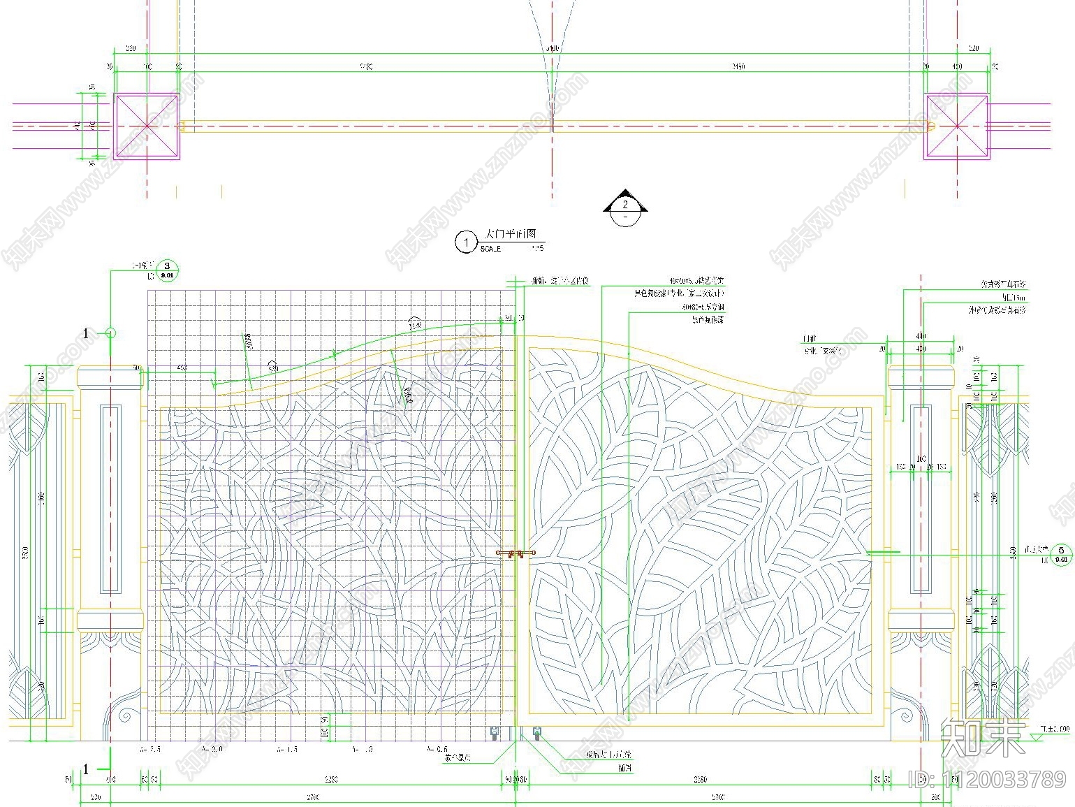 叶片造型矩形拱形铁艺门施工图cad施工图下载【ID:1120033789】