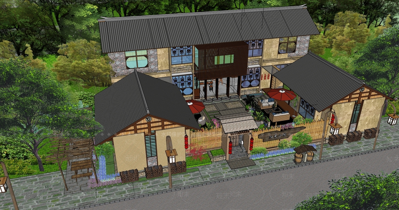 中式乡村田园民宿SU模型下载【ID:1120118948】
