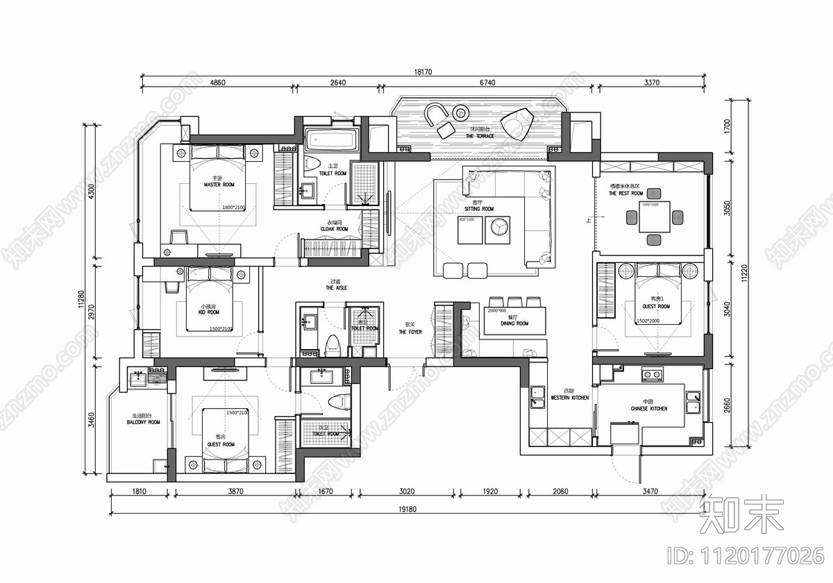 200㎡家装大平层住宅装修CAD施工图cad施工图下载【ID:1120177026】