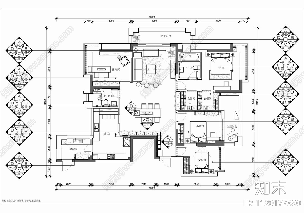 200㎡家装大平层CAD施工图cad施工图下载【ID:1120177390】