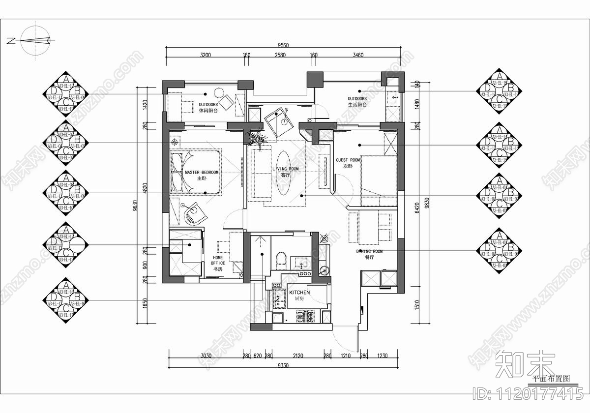90㎡两居室家装样板间设计CAD施工图施工图下载【ID:1120177415】