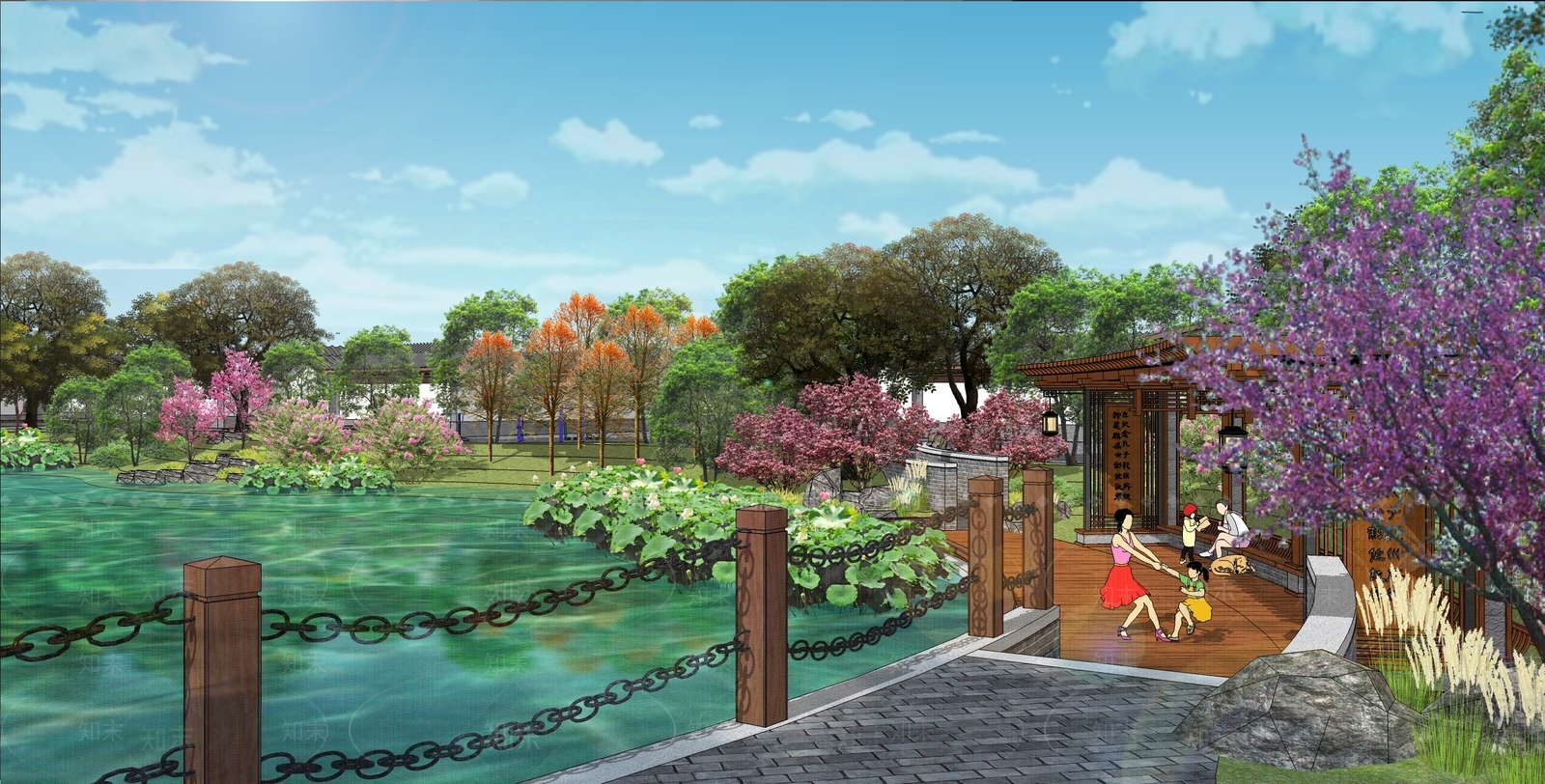 新中式公园景观SU模型下载【ID:1120193968】