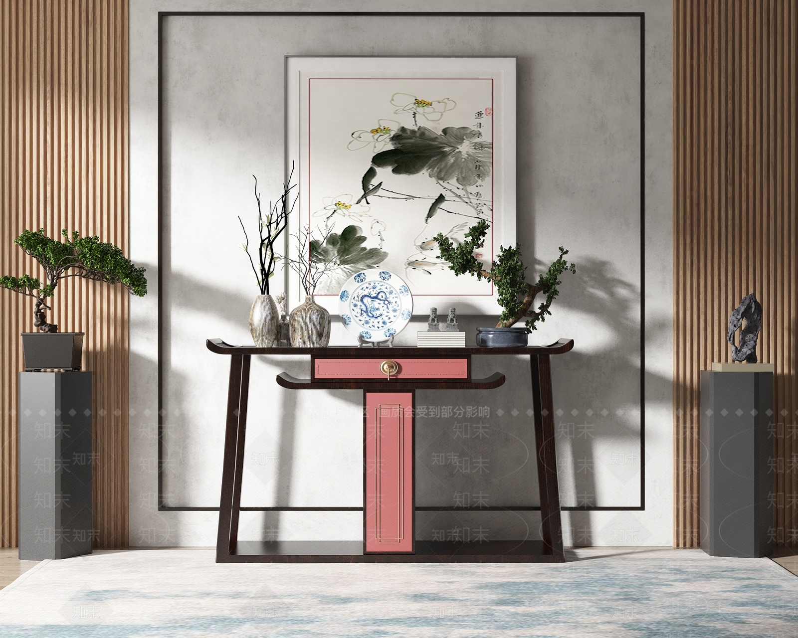 新中式风格端景条案SU模型下载【ID:1120232819】