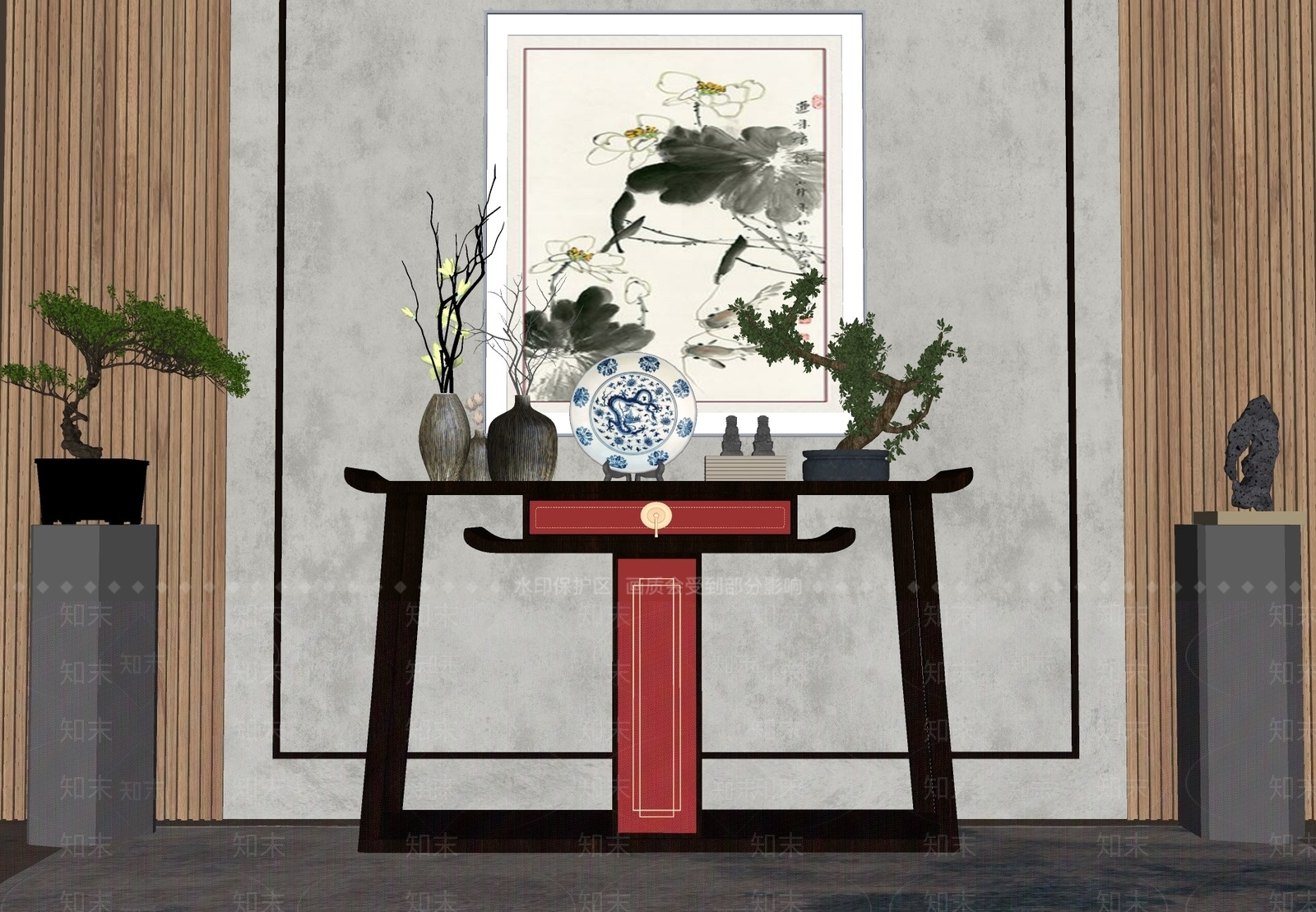 新中式风格端景条案SU模型下载【ID:1120232819】