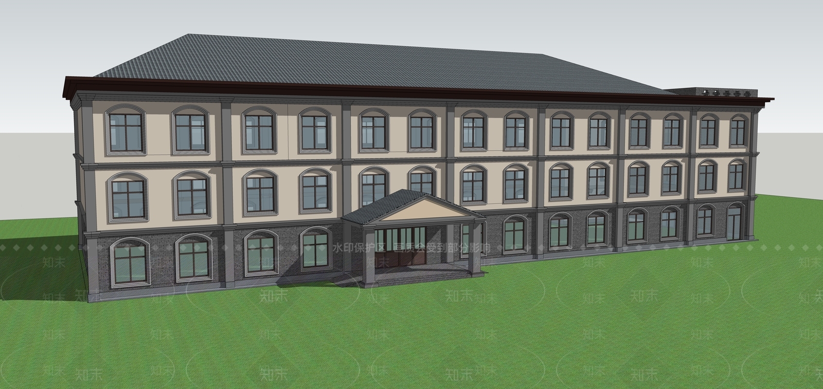 欧式文化三层共建建筑SU模型下载【ID:1120374251】