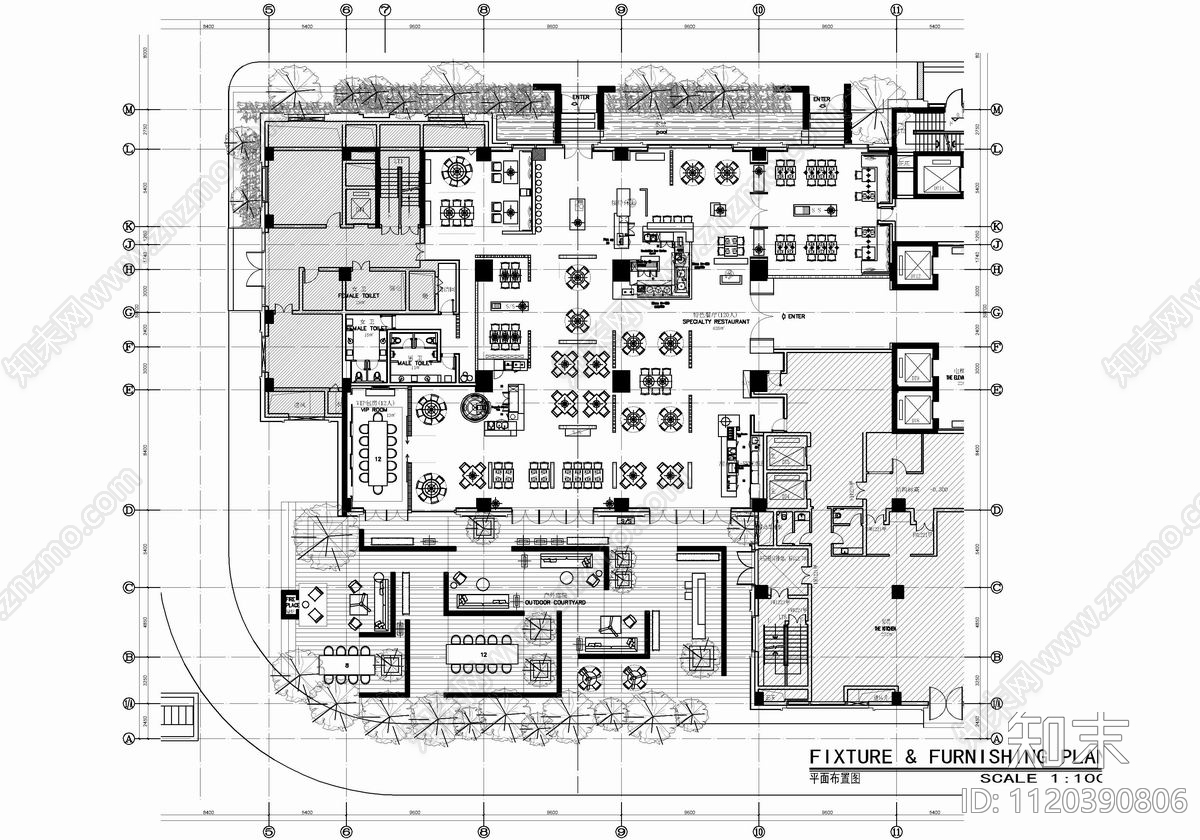 1500㎡西餐厅平立面CAD设计施工图cad施工图下载【ID:1120390806】