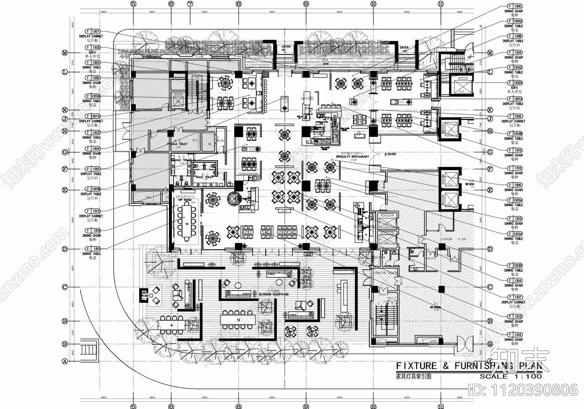 1500㎡西餐厅平立面CAD设计施工图cad施工图下载【ID:1120390806】