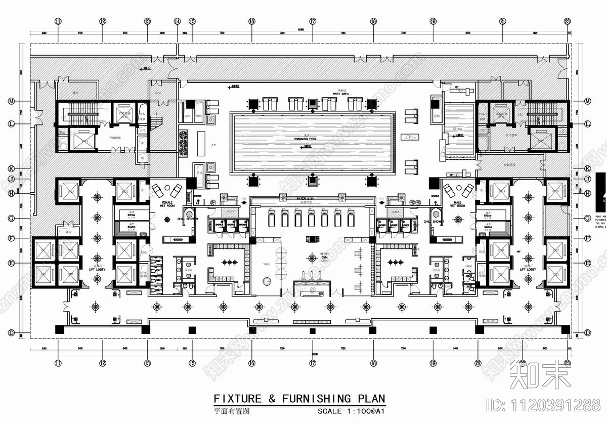 1500㎡健身游泳康体中心CAD施工图施工图下载【ID:1120391288】