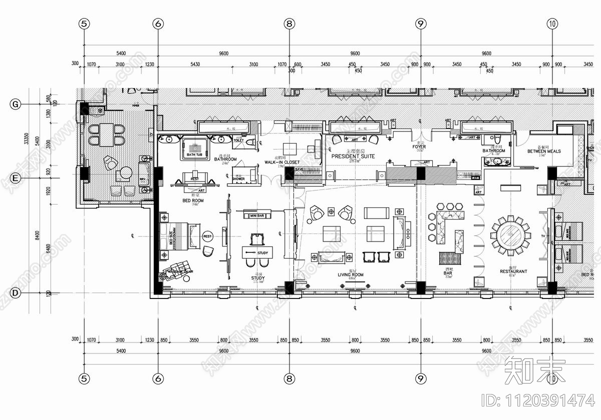 300㎡总统套房酒店空间客房CAD施工图施工图下载【ID:1120391474】