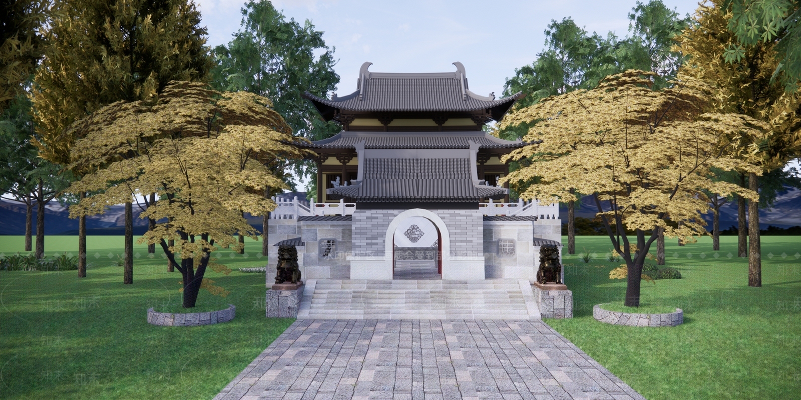 中式风格古建筑SU模型下载【ID:1120396196】
