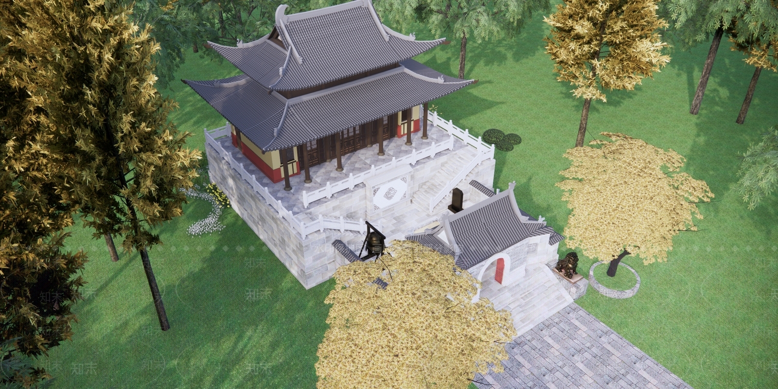 中式风格古建筑SU模型下载【ID:1120396196】
