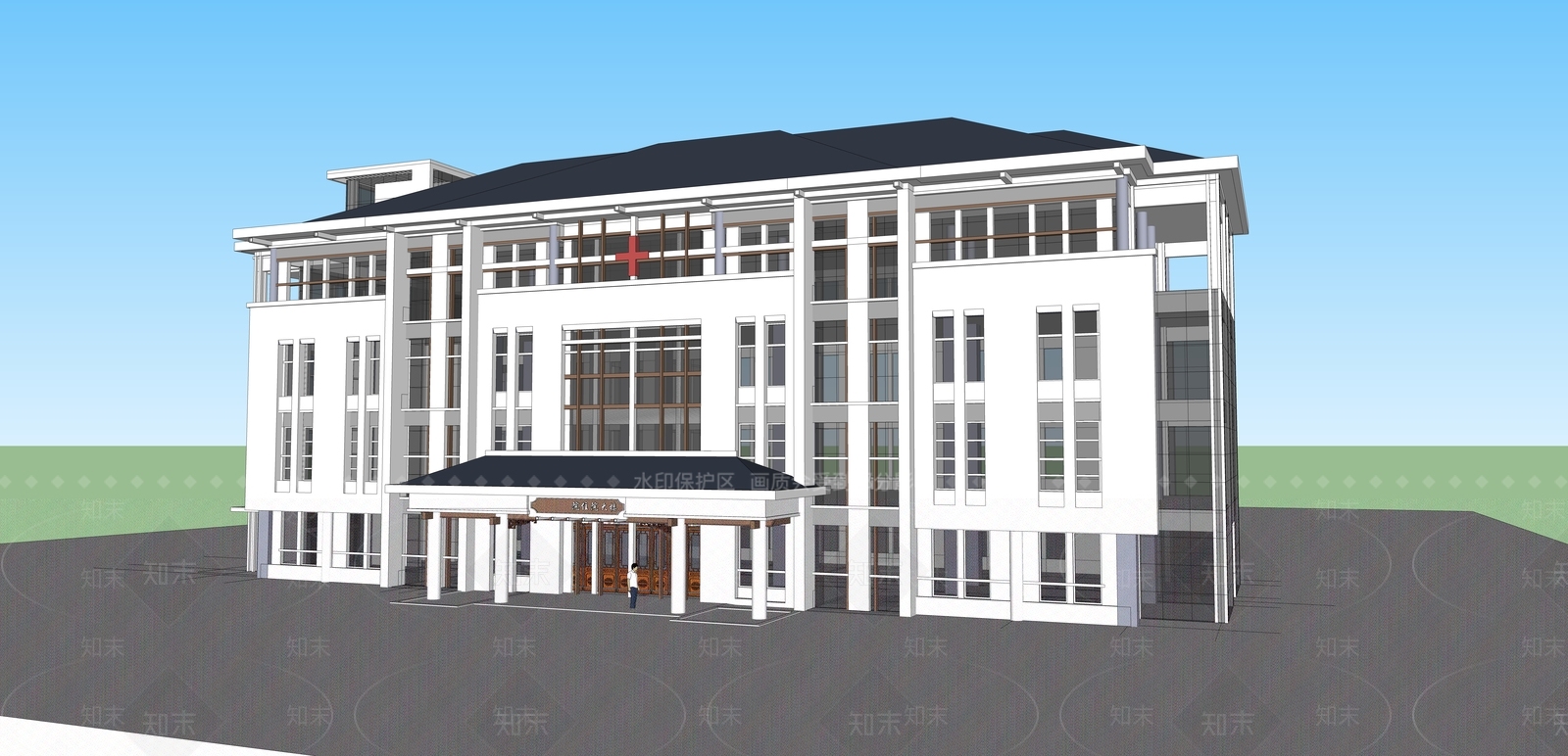 新中式医院建筑SU模型下载【ID:1120453094】