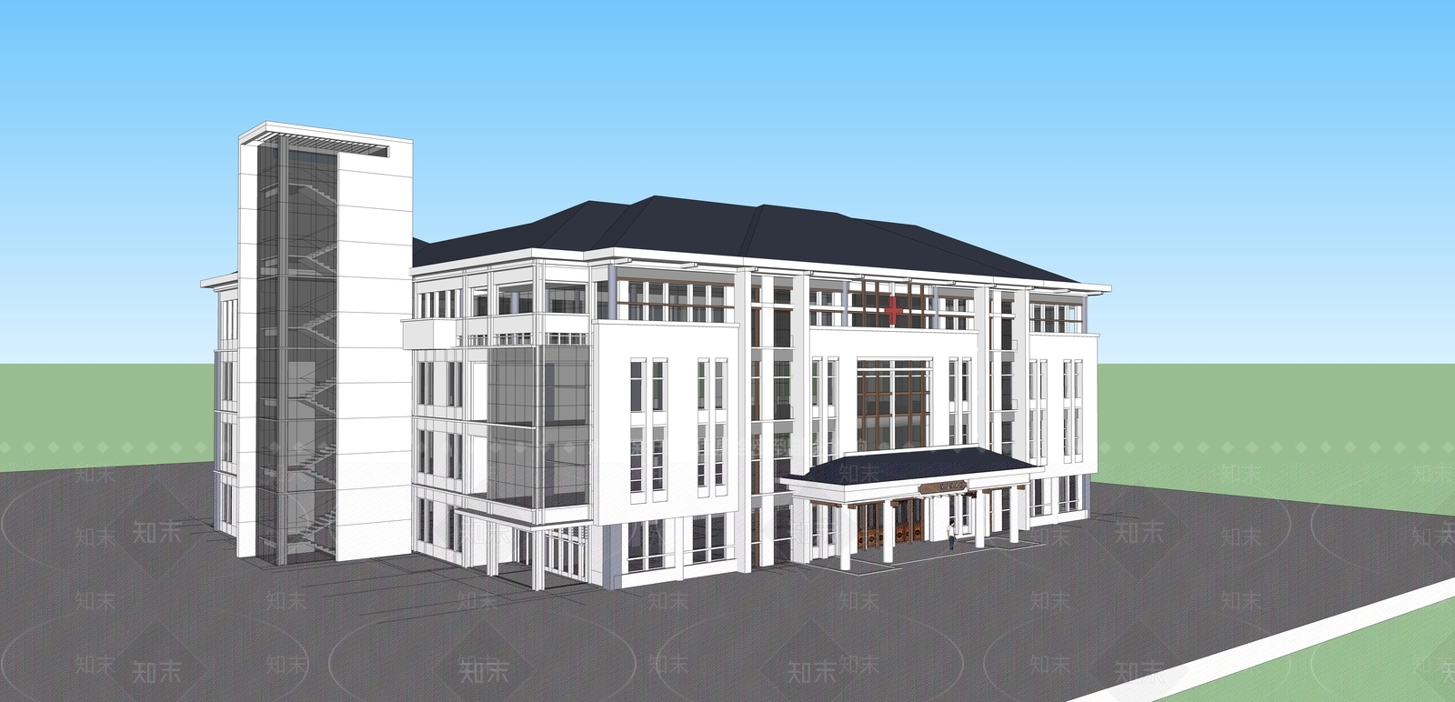 新中式医院建筑SU模型下载【ID:1120453094】
