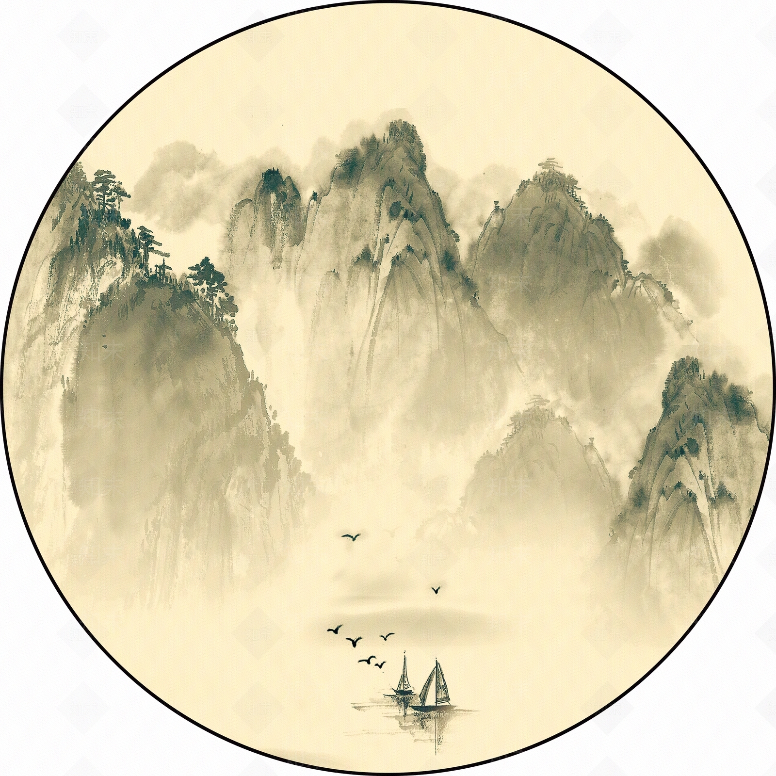 中式山水装饰画贴图下载【ID:1120586407】_【知末网贴图库】