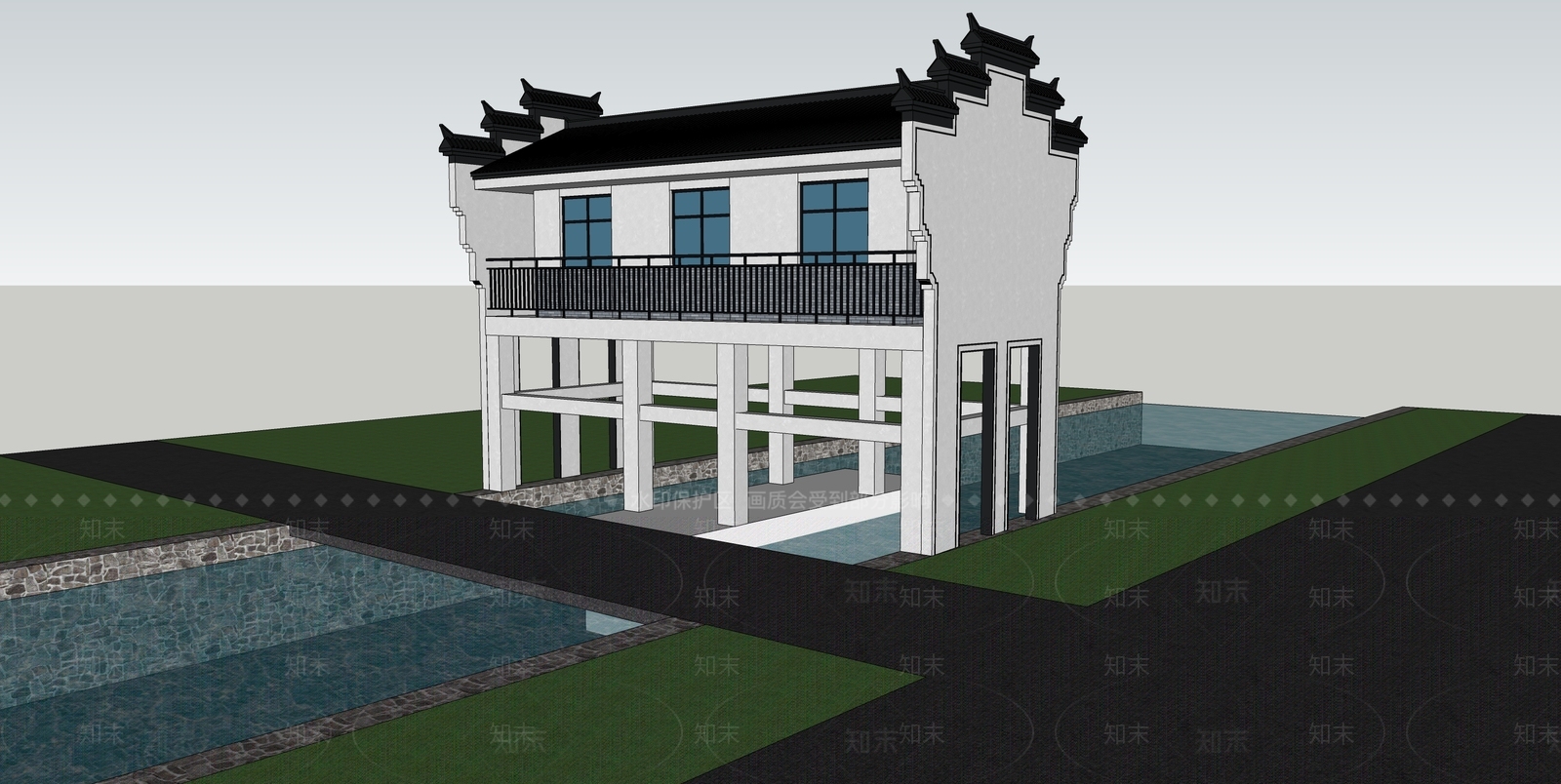 中式乡村水闸SU模型下载【ID:1120605418】