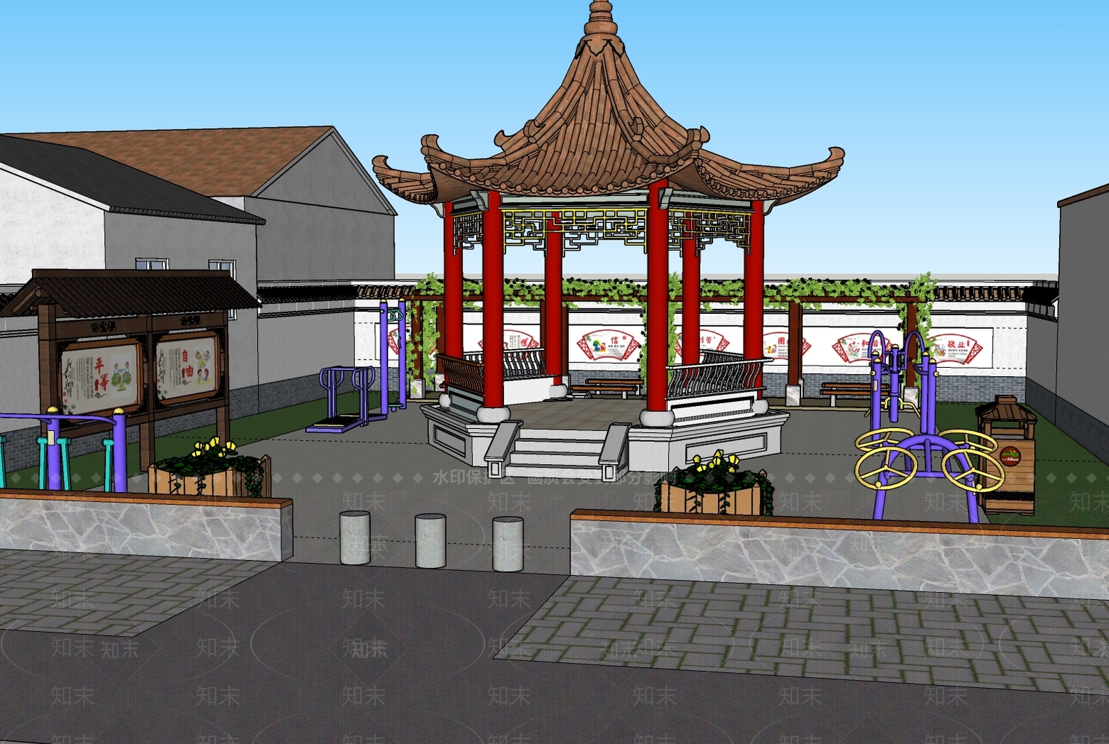 中式乡村休闲广场SU模型下载【ID:1120616070】