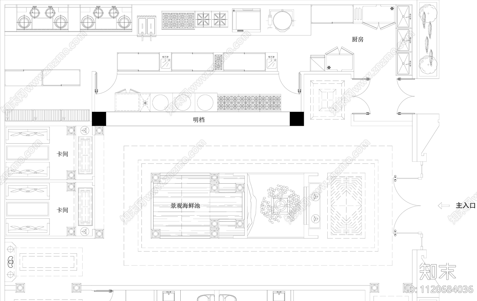 私房菜厨房布局和小饭店厨房布局平面图施工图下载【ID:1120684036】
