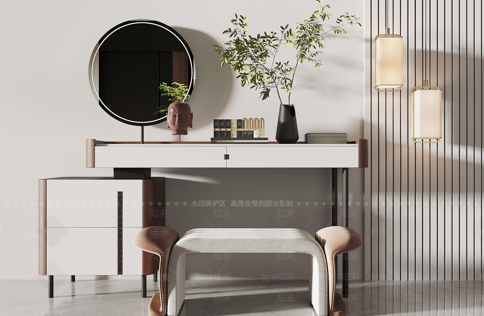 新中式妆台妆凳组合3D模型下载【ID:1120731077】