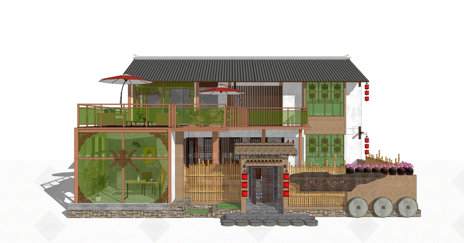 新中式民宿建筑SU模型下载【ID:1120808909】