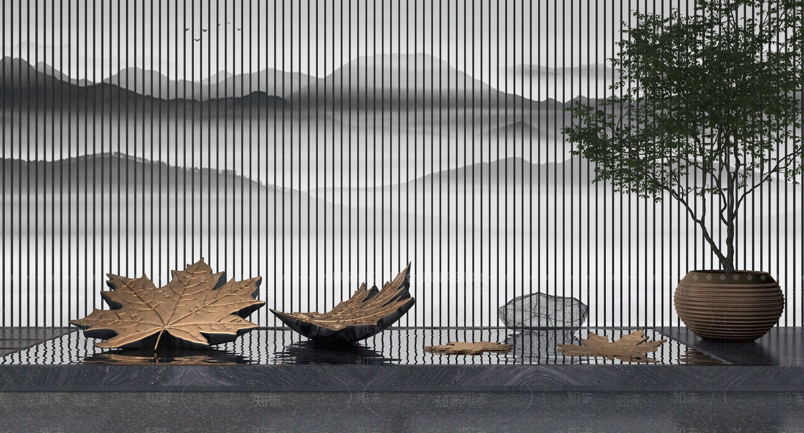 新中式树叶雕塑装置3D模型下载【ID:1120874650】