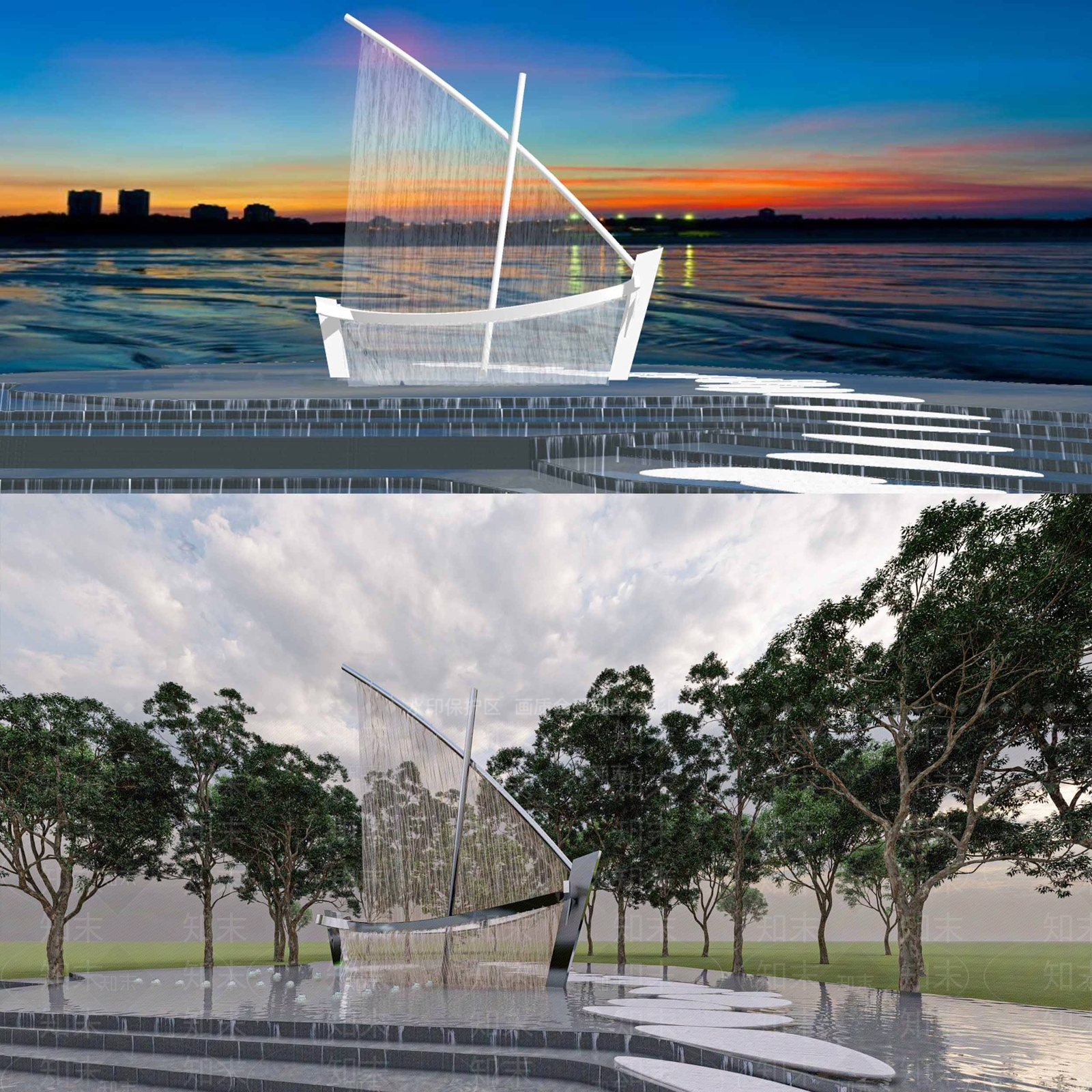 现代流水帆船雕塑小品SU模型下载【ID:1120888326】