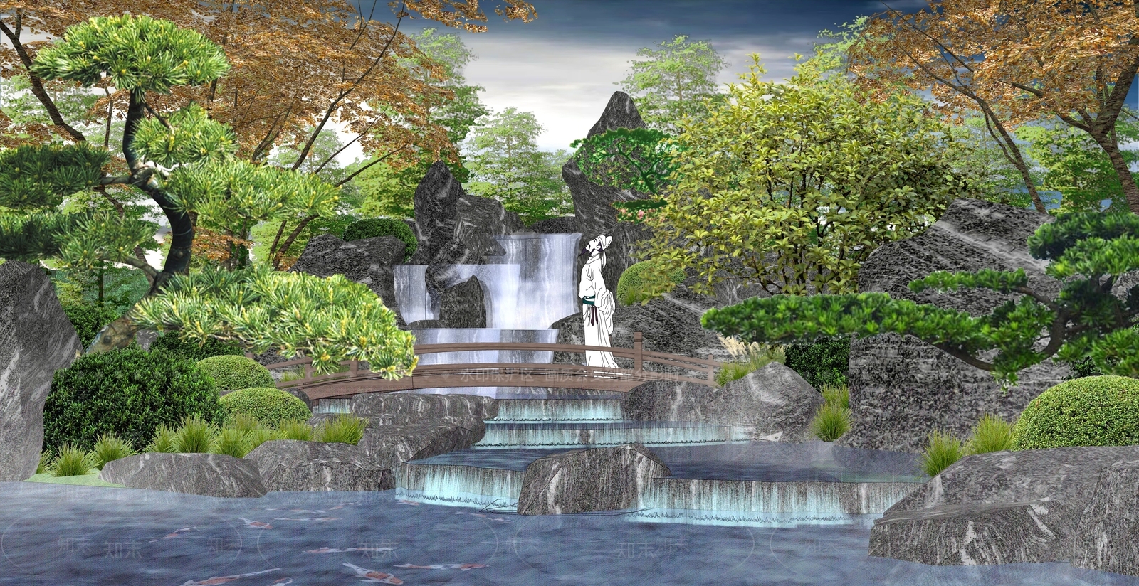 新中式假山跌水瀑布景观SU模型下载【ID:1120894004】