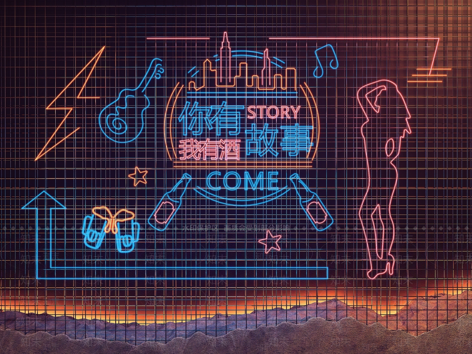 现代酒吧霓虹灯3D模型下载【ID:1121036643】