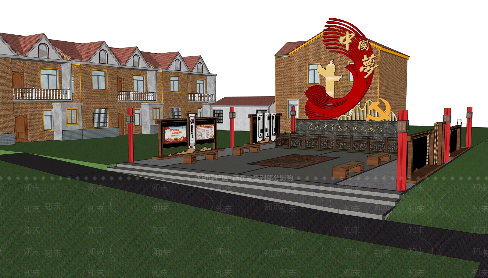 中式乡村党建广场SU模型下载【ID:1121076101】