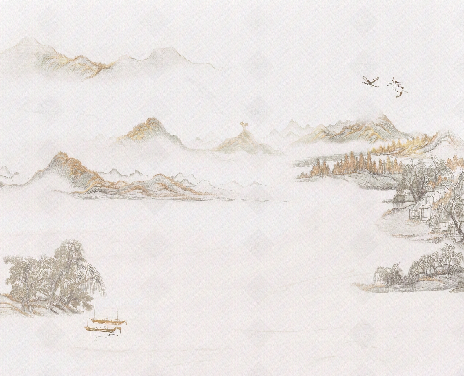新中式山水壁纸壁画贴图下载【ID:1121094367】