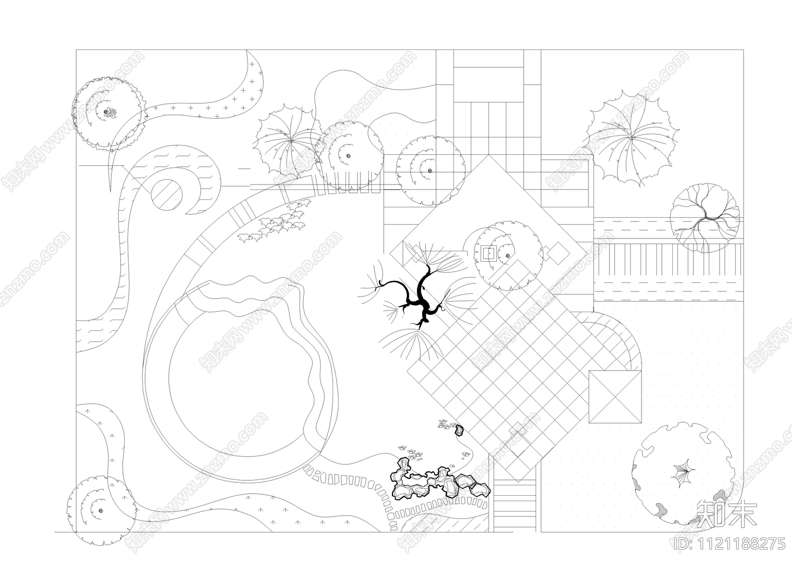 现代简约广场绿地景观平面图cad施工图下载【ID:1121188275】