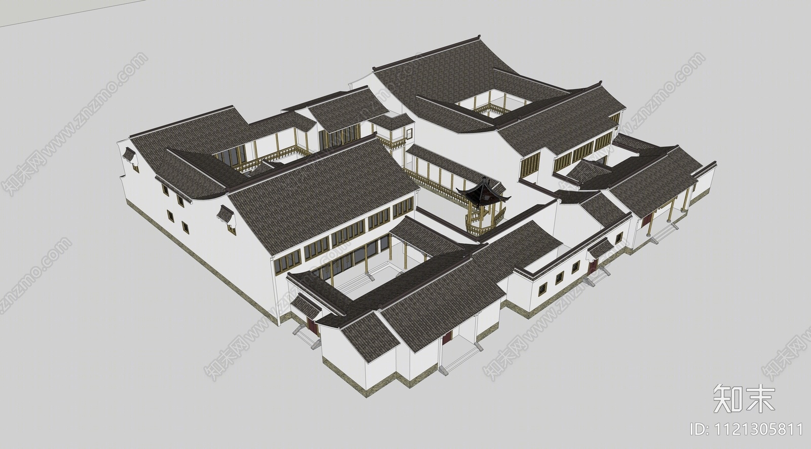 新中式风格徽式建筑SU模型下载【ID:1121305811】