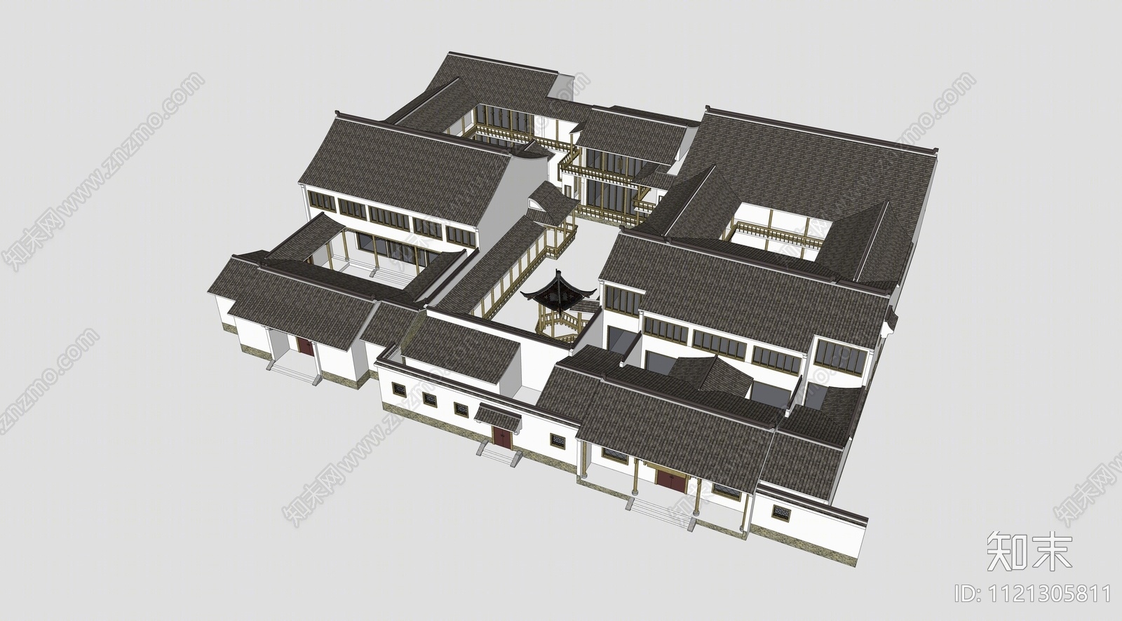 新中式风格徽式建筑SU模型下载【ID:1121305811】